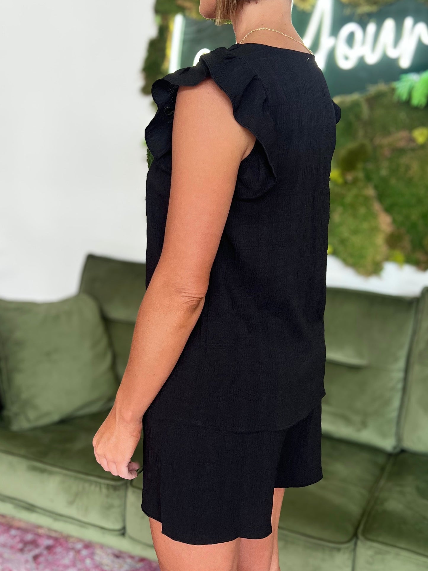 Black Textured Shorts Set