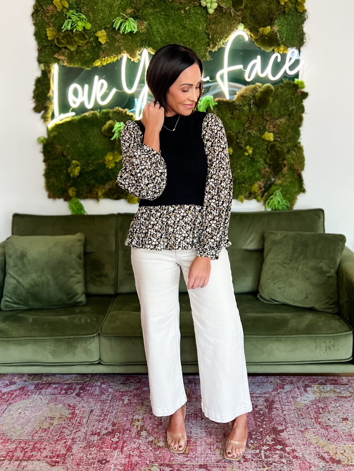 Black Floral Mixed Media Peplum Top