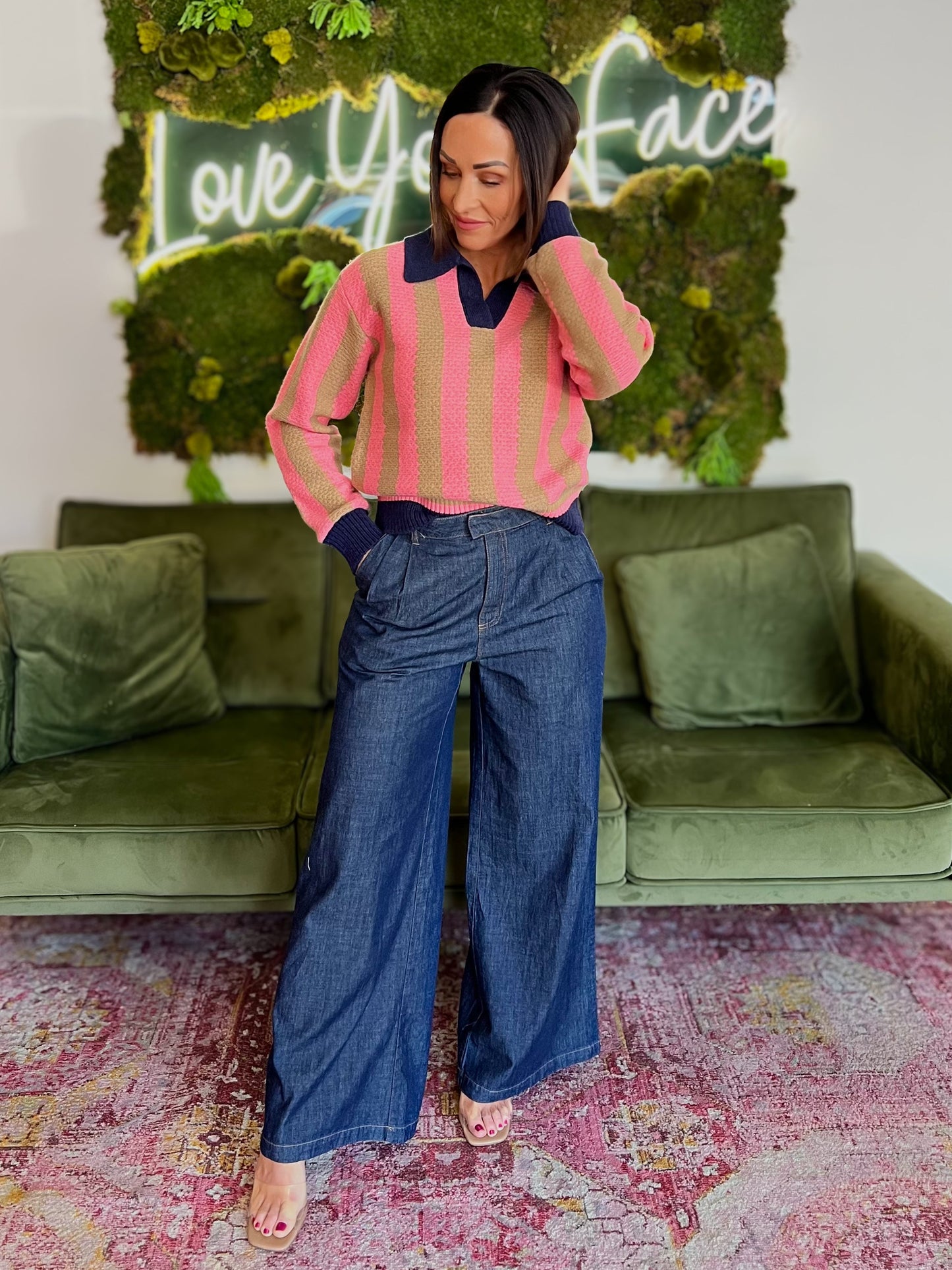 Navy/ Pink Striped Collared Sweater
