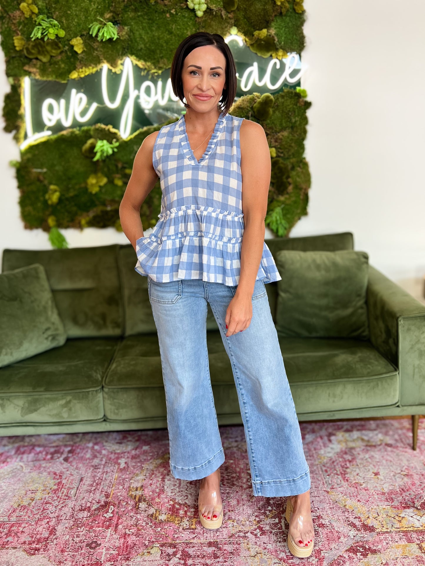 Blue and White Checkered Baby Doll Top