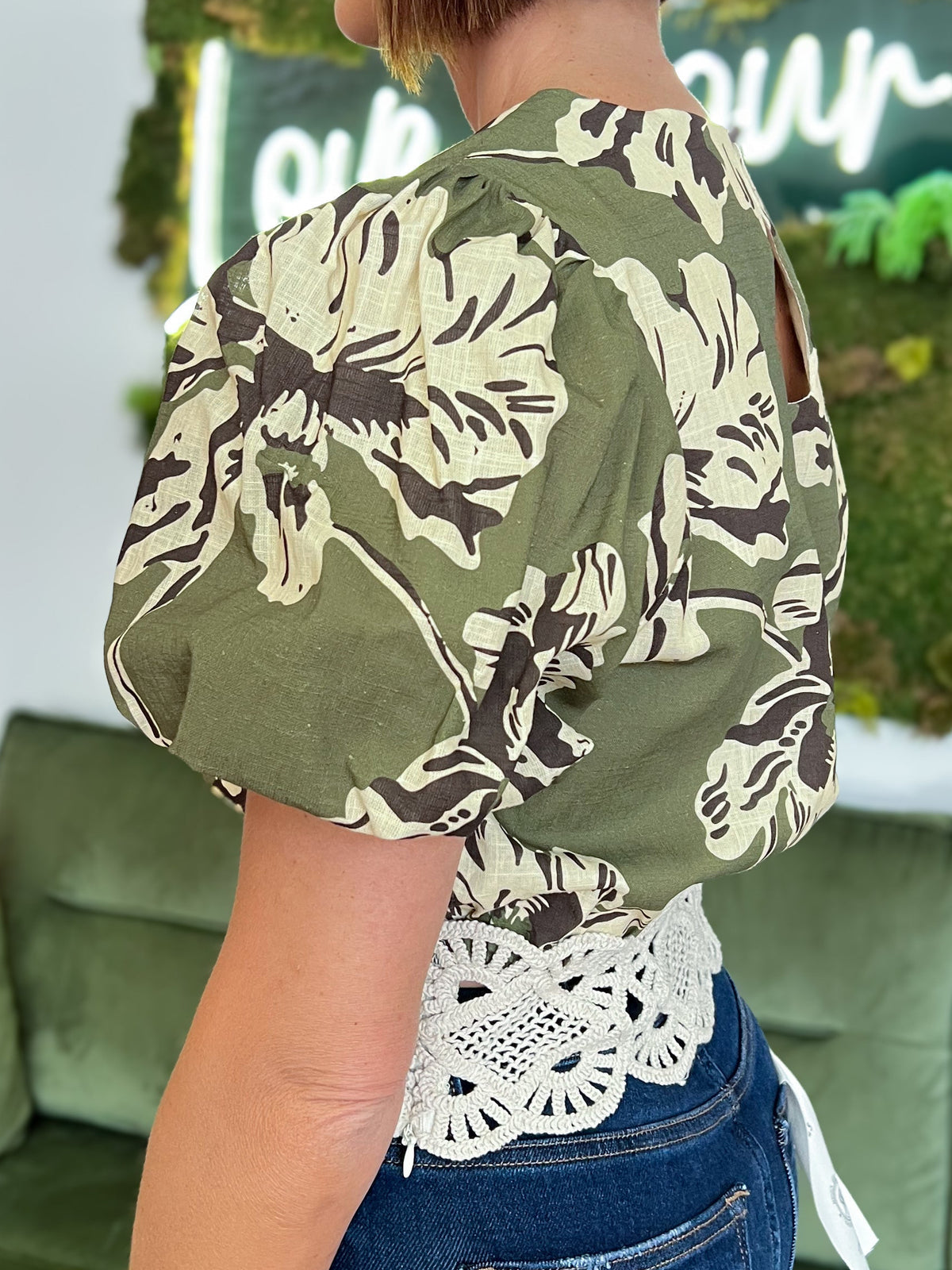 Olive Floral Crochet Trim Crop Top