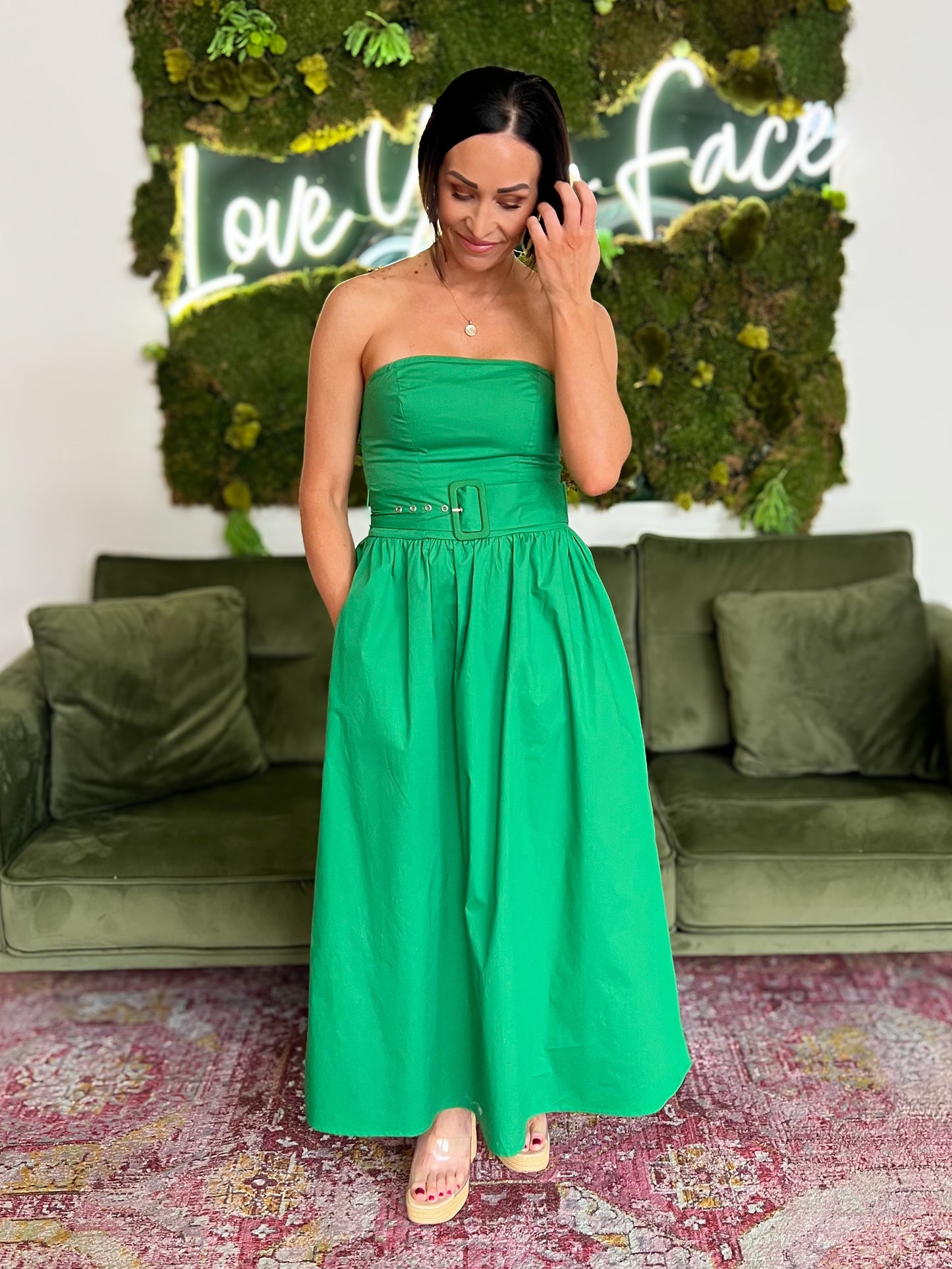 Kelly Green Strapless Midi Dress
