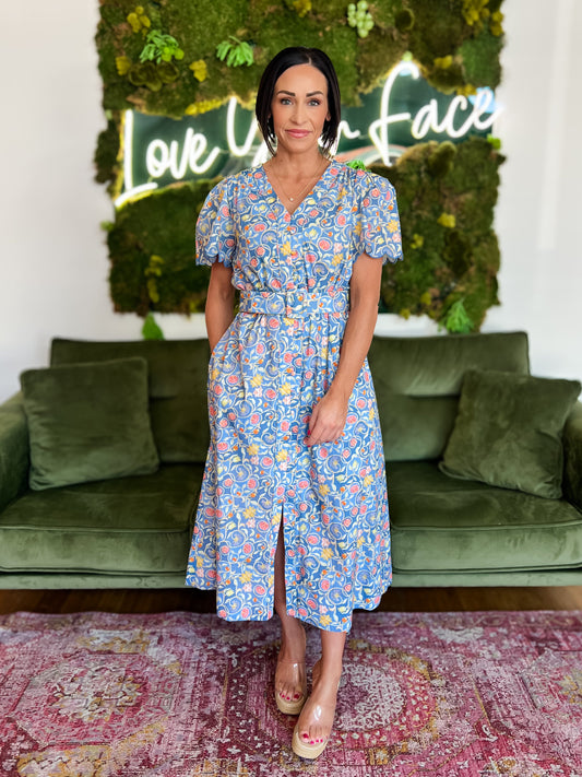 Blue Multi Embroidered Scalloped Edge Midi Dress