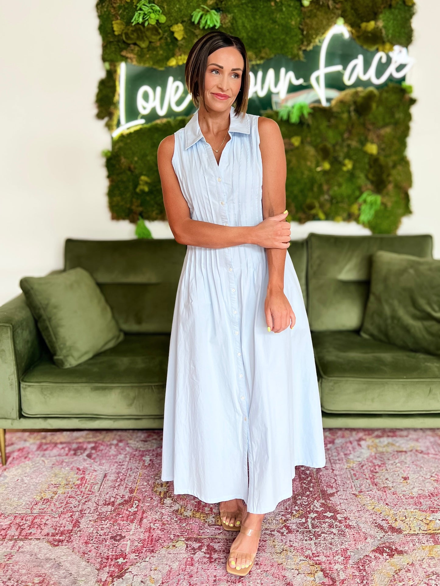 Light Blue Pintuck Sleeveless Maxi Dress