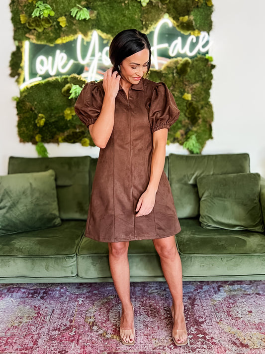 Chocolate Puff Sleeve Suede Dress