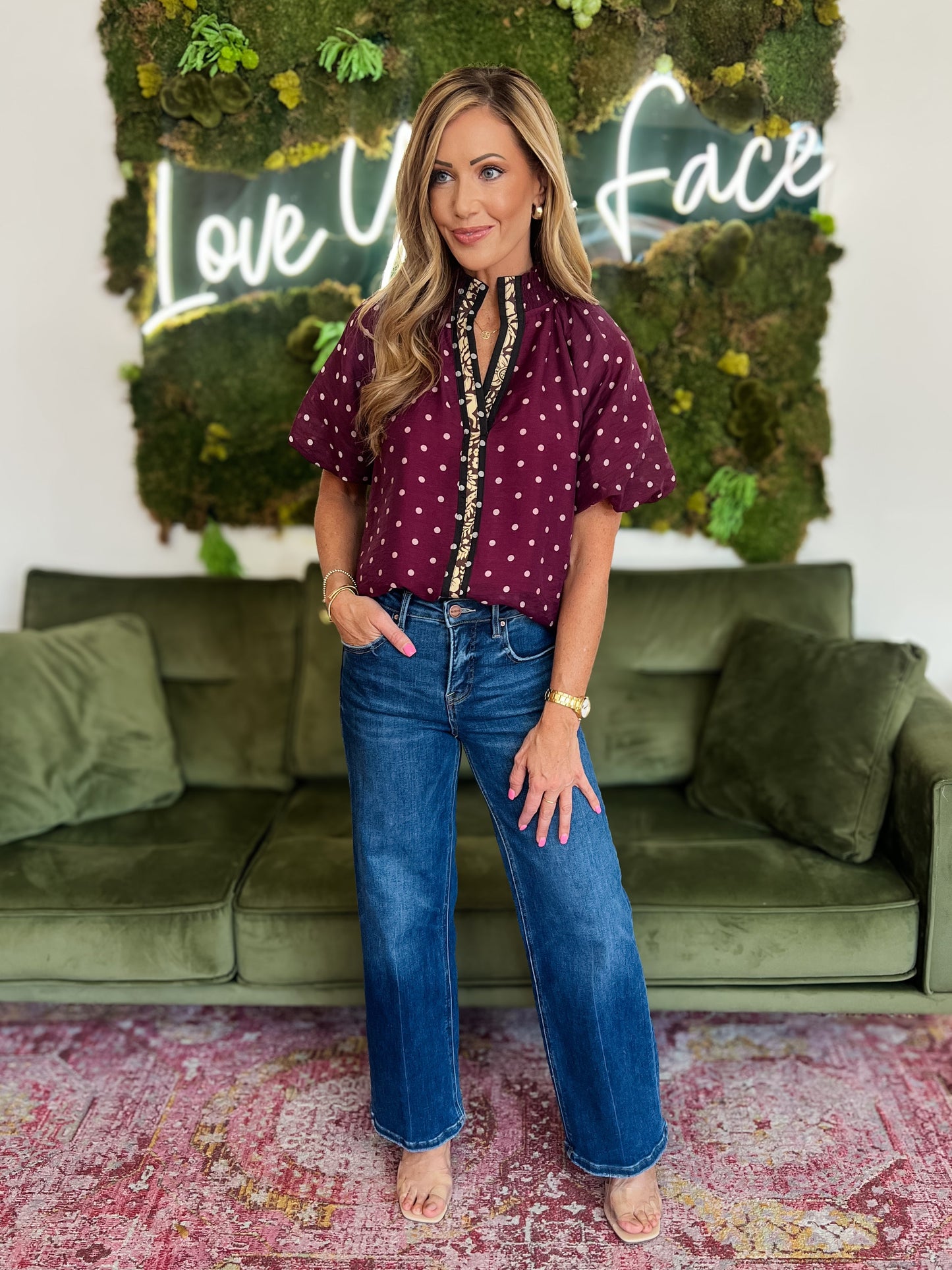 Burgundy Polka Dot Puff Sleeve Top