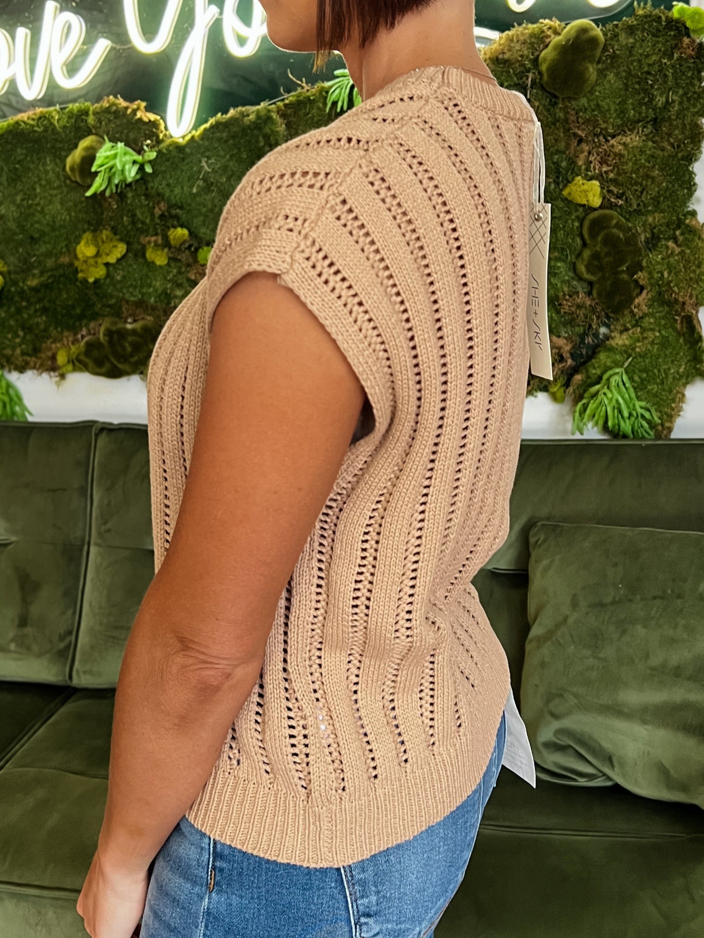 Taupe Crochet Drop Shoulder Sweater