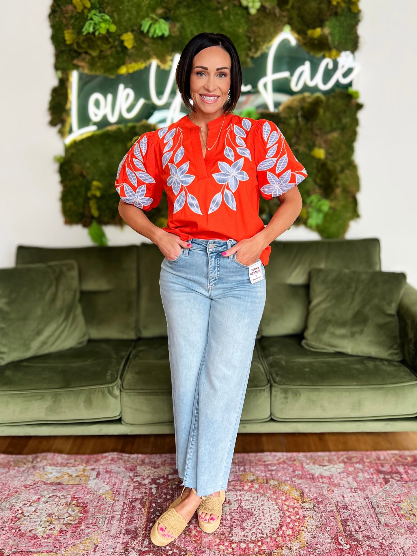 Orange Puff Sleeve Embroidered Detail Top