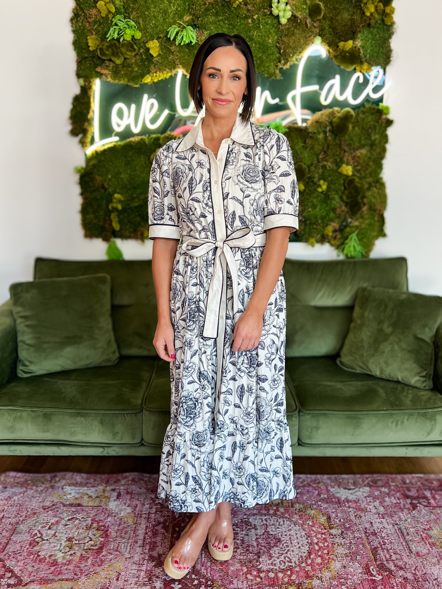 Navy Floral Print Contrast Trim Midi  Dress