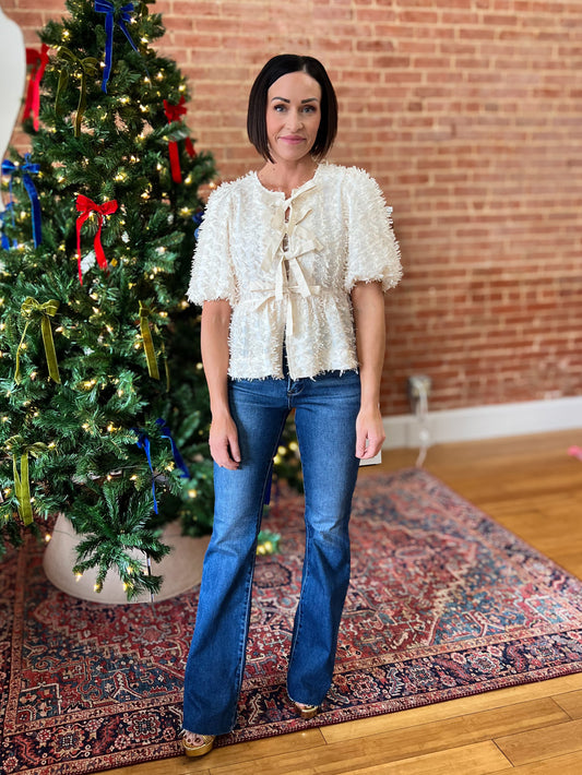 Cream Fringe Texture Front Tie Puff Sleeve Top