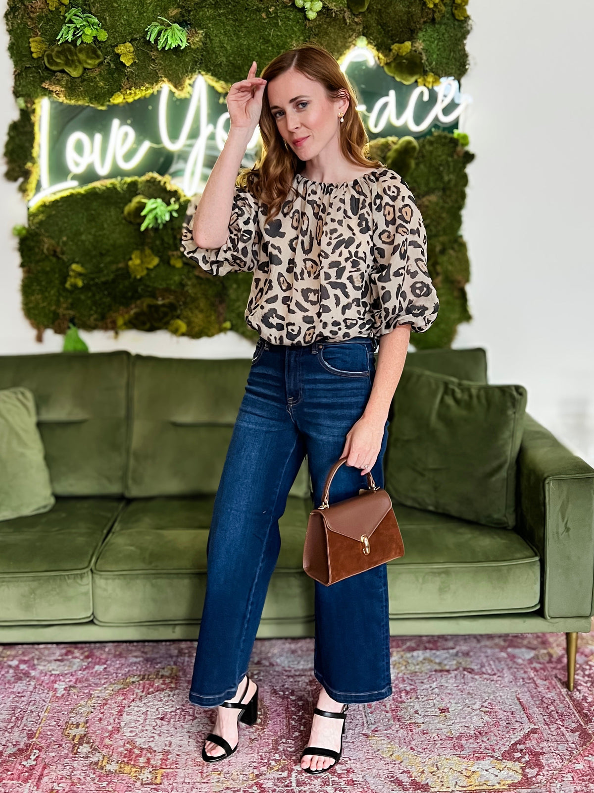 Beige Animal Print Puff Sleeve Top