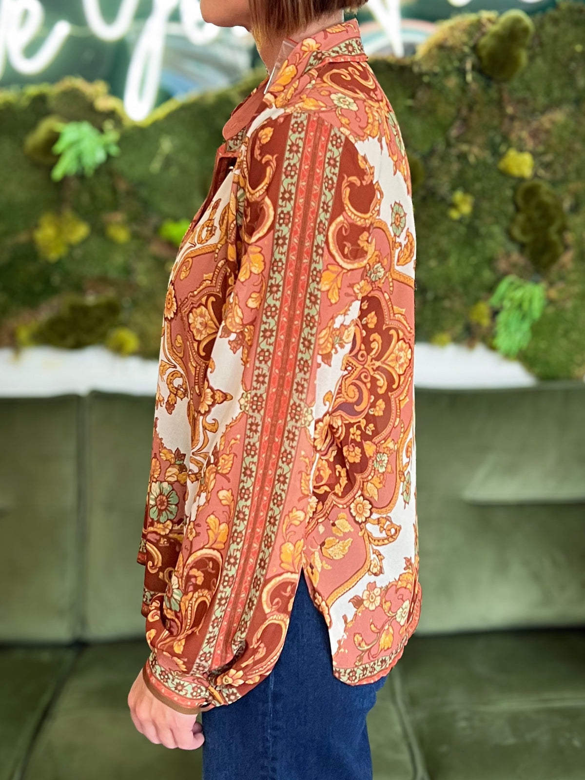 Ivory/ Rust Print Long Sleeve Blouse