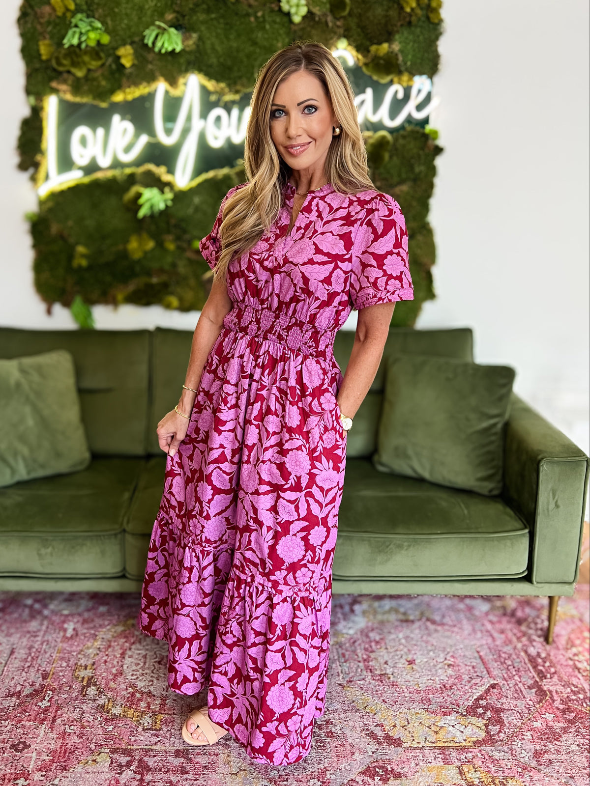 Burgundy/ Pink Floral Print Poplin Maxi Dress