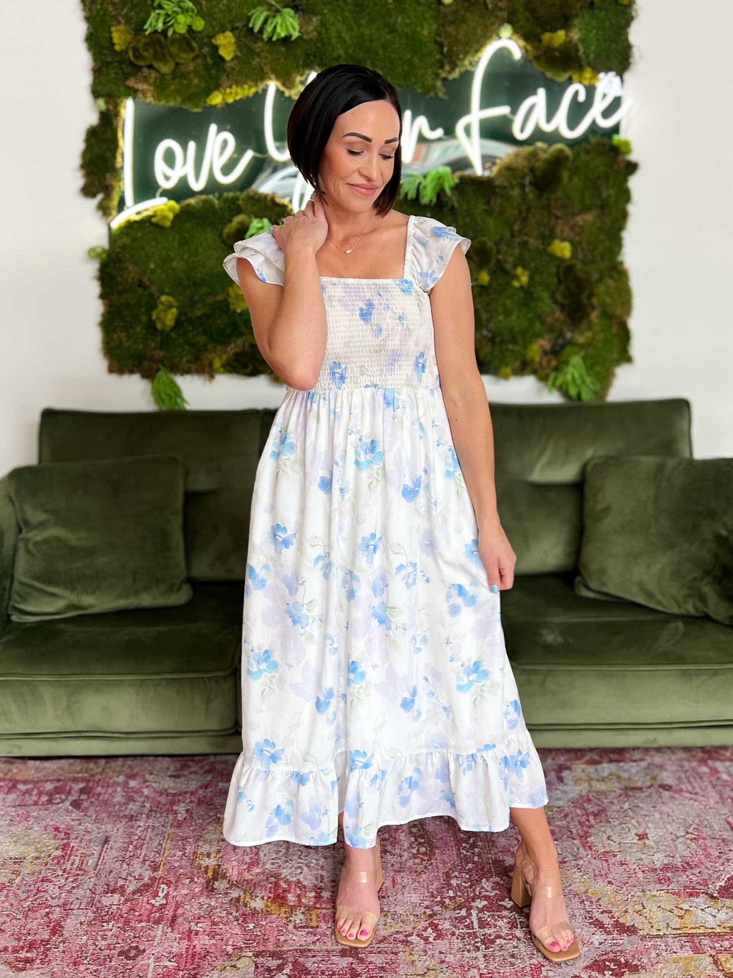 White/ Lavender Floral Print Smocked Maxi Dress