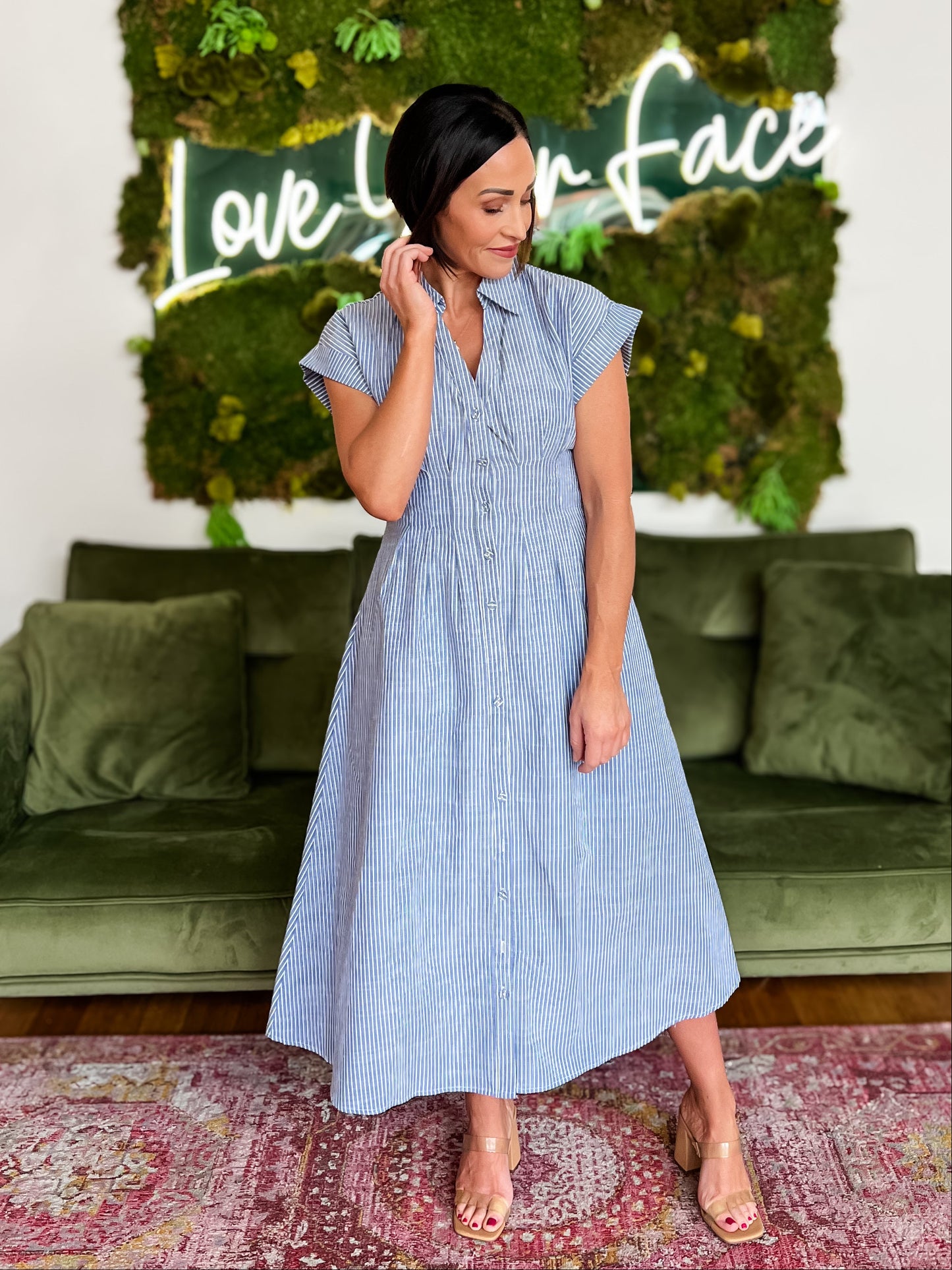 Blue/ White Striped Pleated Midi Shirt Dress