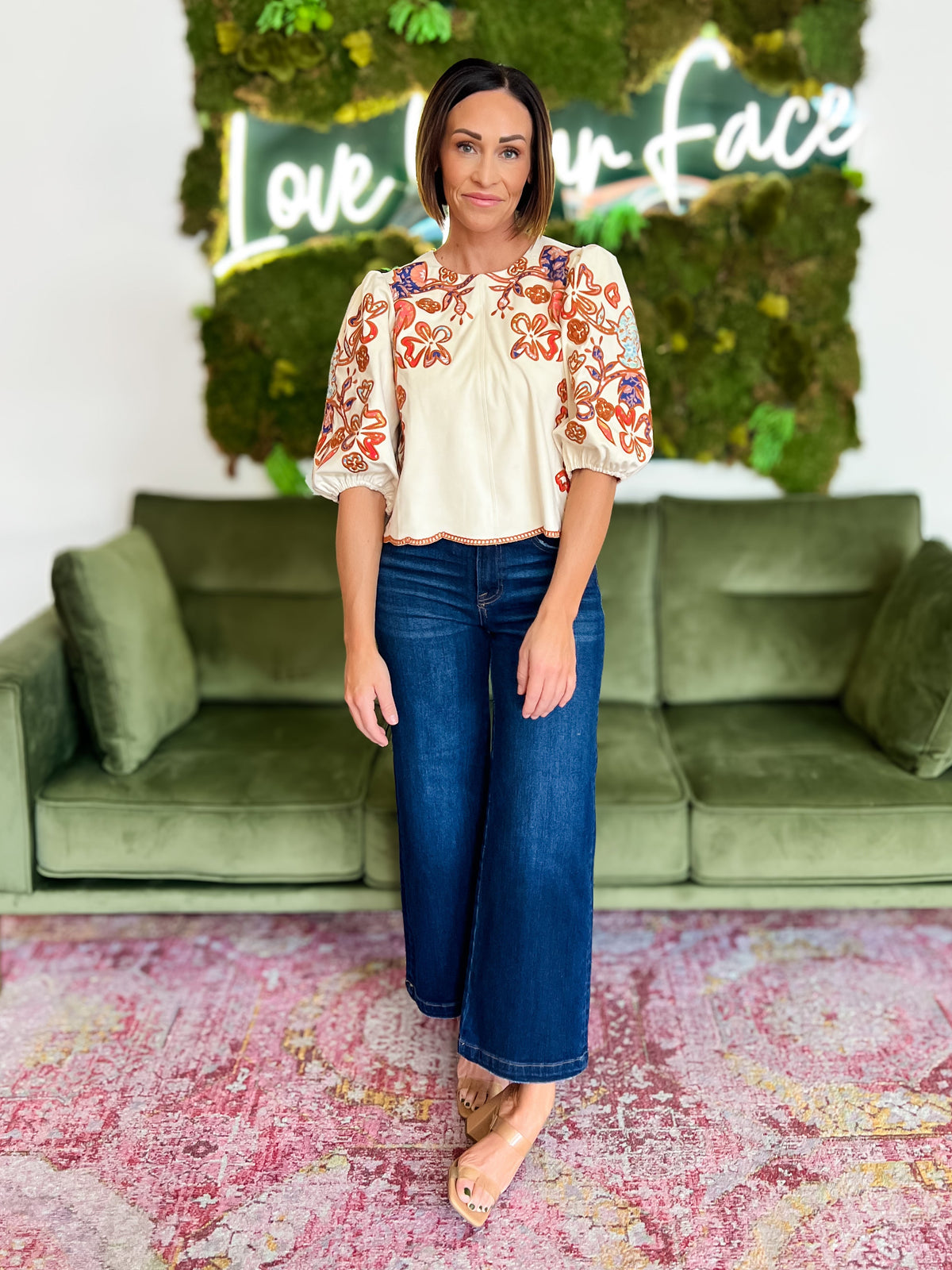 Cream Suede Floral Embroidered Top