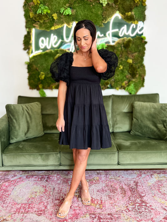 Black Floral Mesh Tiered Mini Dress