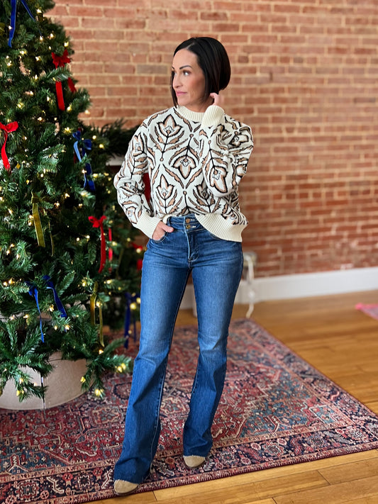 Taupe/ Black Print Floral Pattern Sweater