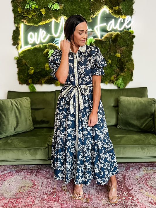 Navy Floral Collared Button Down Maxi Dress
