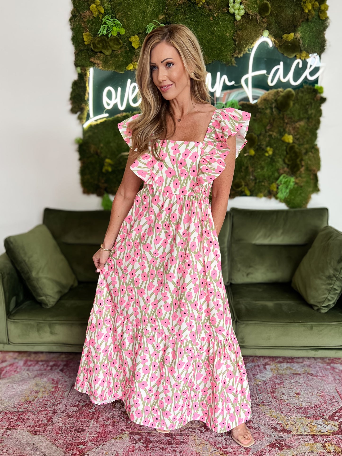 Pink Floral Print Square Neck Maxi Dress