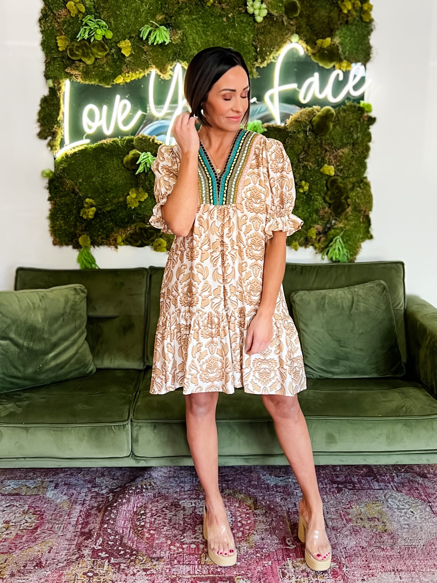 Taupe Print Embroidered Detail Mini Dress
