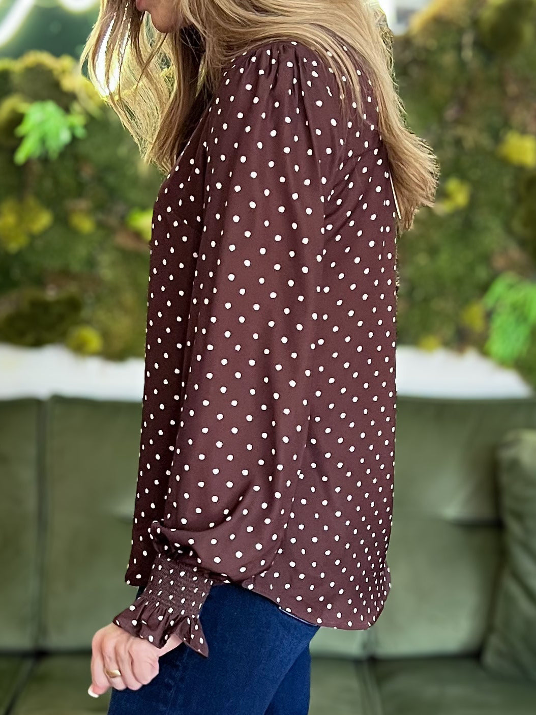 Brown Long Sleeve Polka Dot Print Blouse
