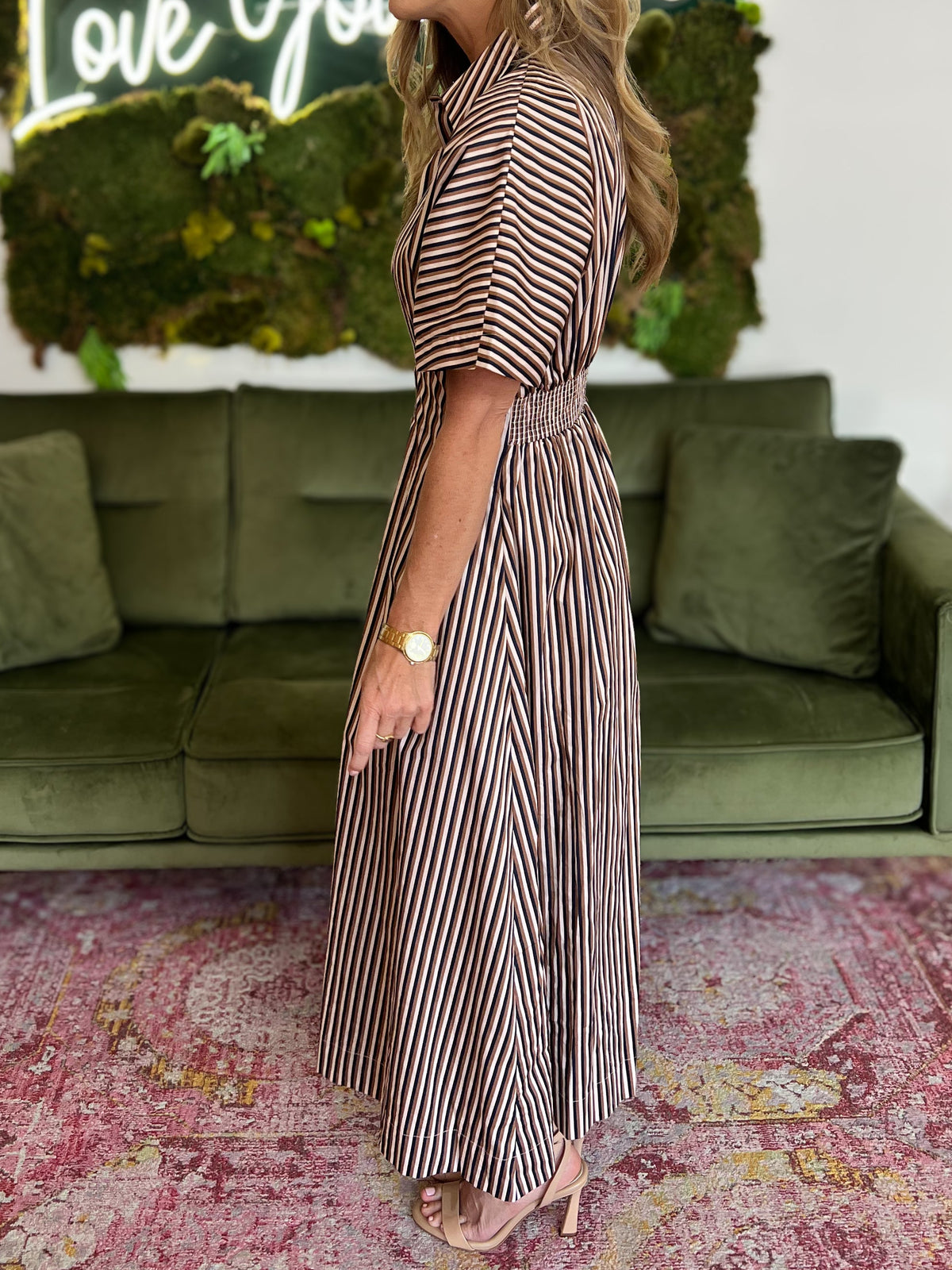 Brown/ Navy Striped Pleated Button Down Midi Dress