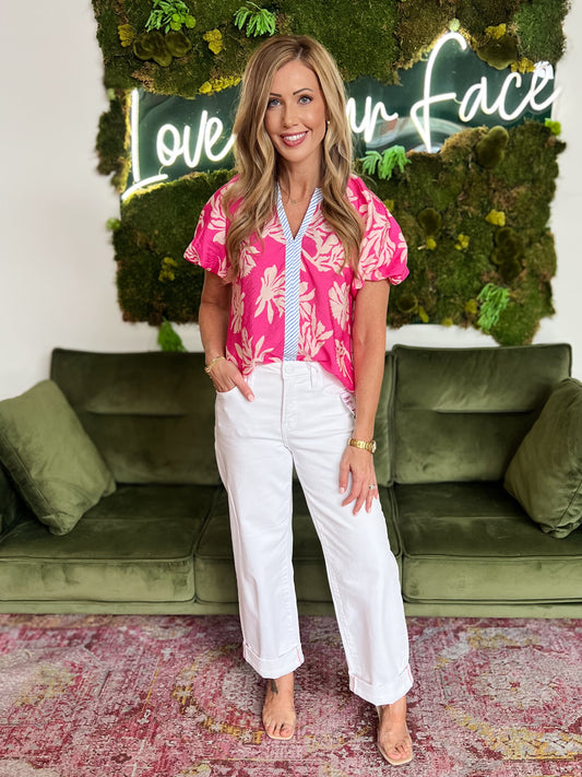 Fuschia Floral Puff Sleeve Top