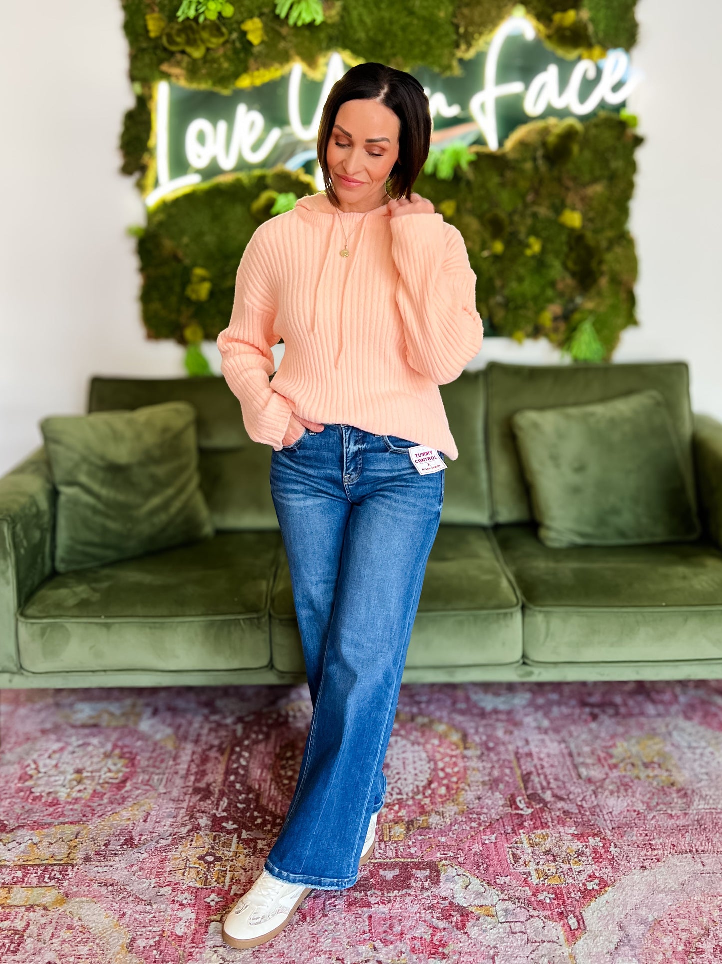 Peach Fuzzy Ribbed Hoodie Sweater