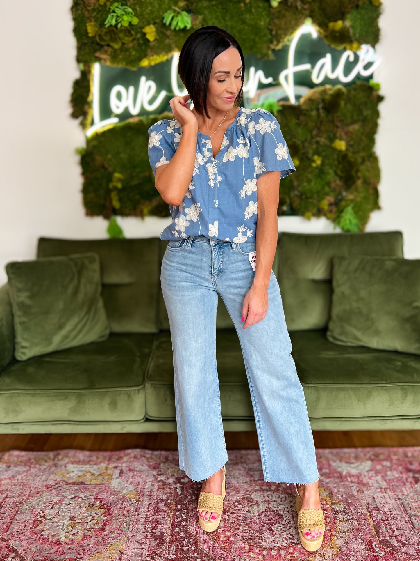 Blue/ White Embroidered Split Neck Top