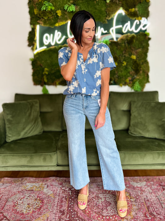 Blue/ White Embroidered Split Neck Top