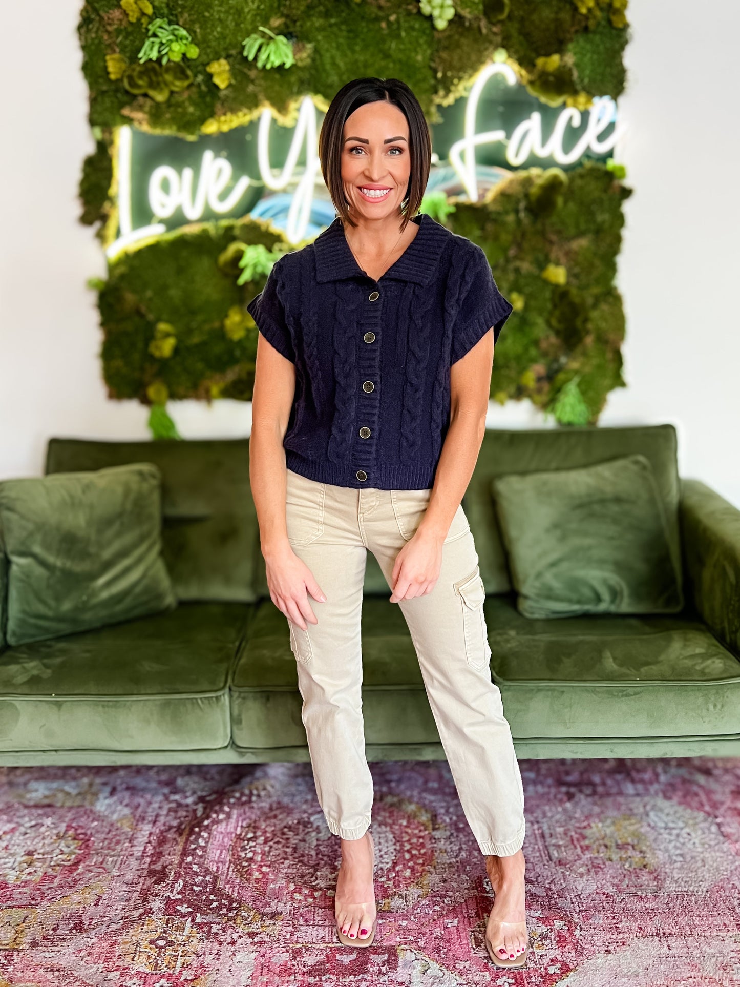 Navy Cable Knit Button-Up Sweater