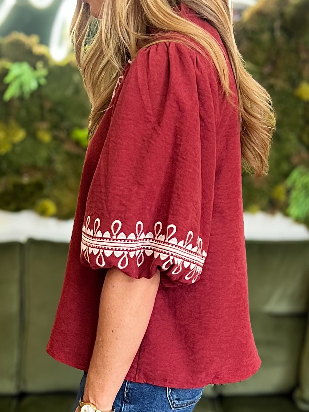Garnet Embroidered Puff Sleeve Top