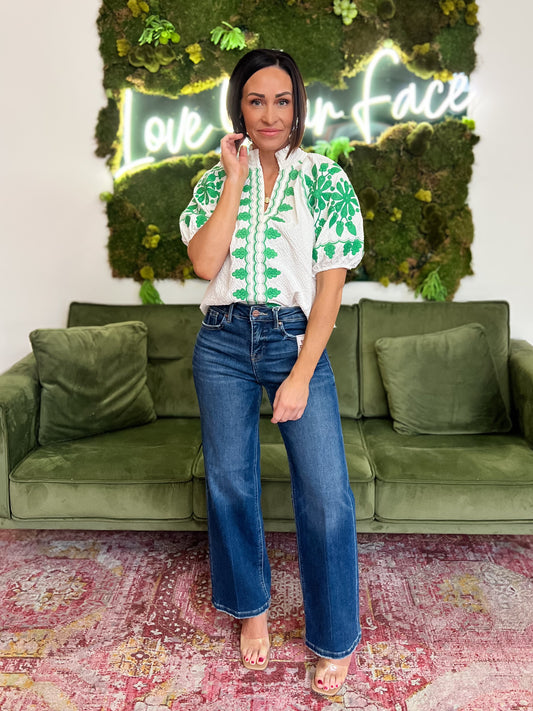White/Green Embroidered Smocked Neck Puff Sleeve Top