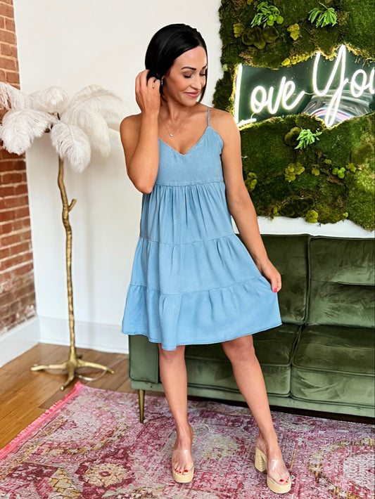 Light Blue Tiered Tencel Babydoll Dress
