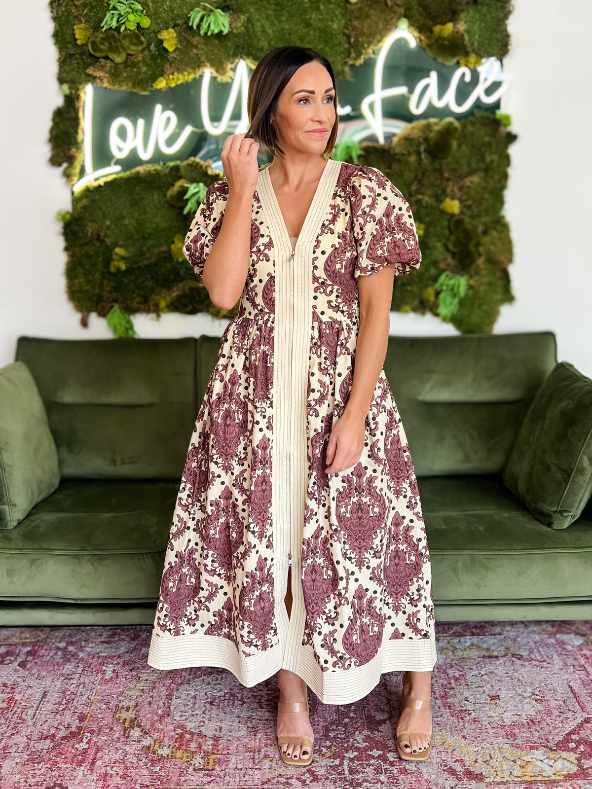 Cream Paisley Print Zip Front Midi Dress