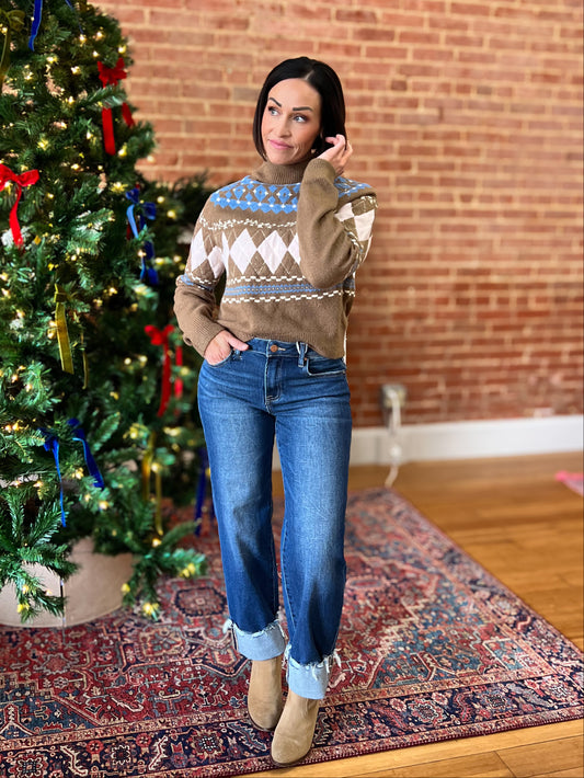 Brown Fair Isle Mock Neck Sweater