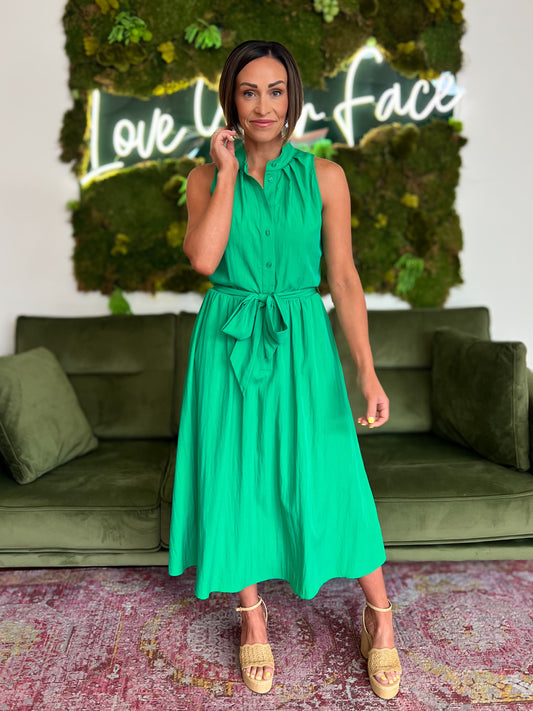 Peridot Sleeveless Belted Maxi Shirt Dress