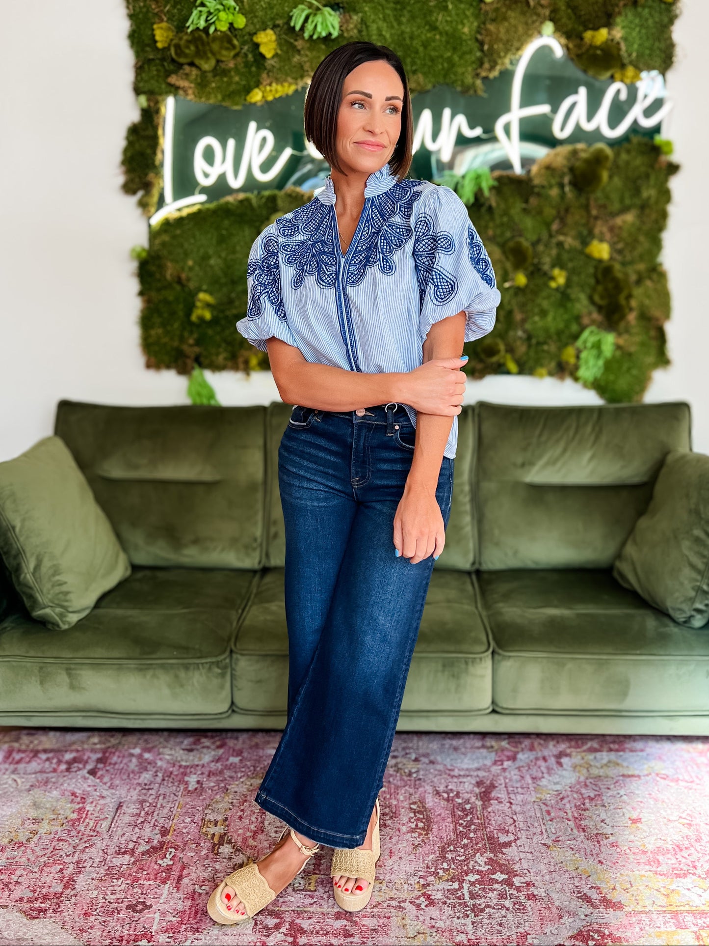 Blue Embroidered Puff Sleeve Split Neck Top