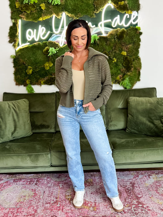 Olive Zip-Up Open Knit Sweater