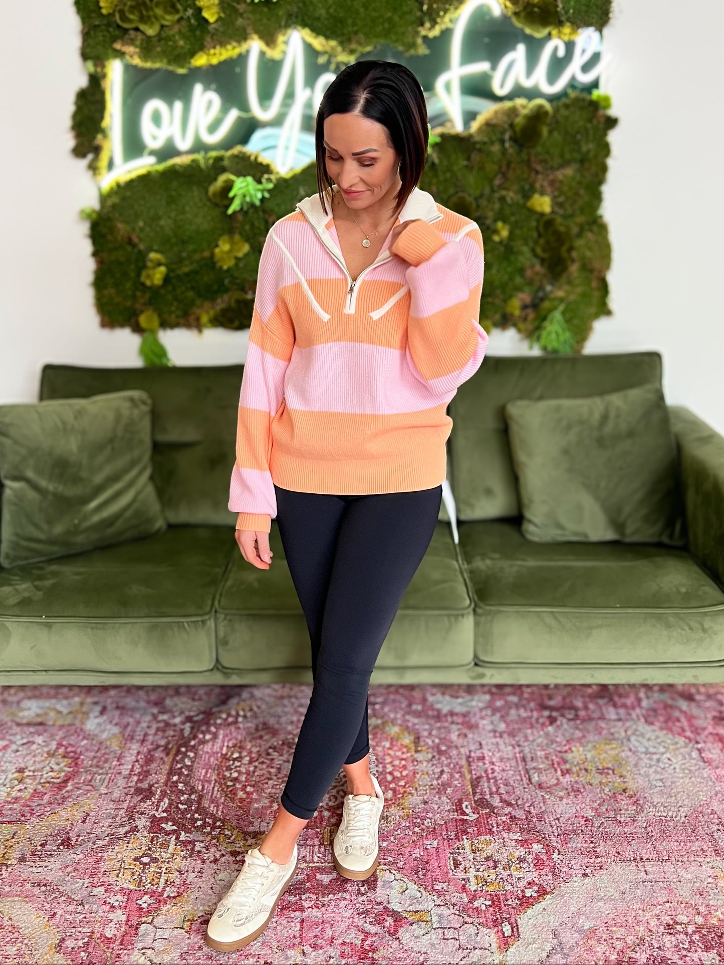 Orange/ Pink Stripe Half Zip Oversized Sweater