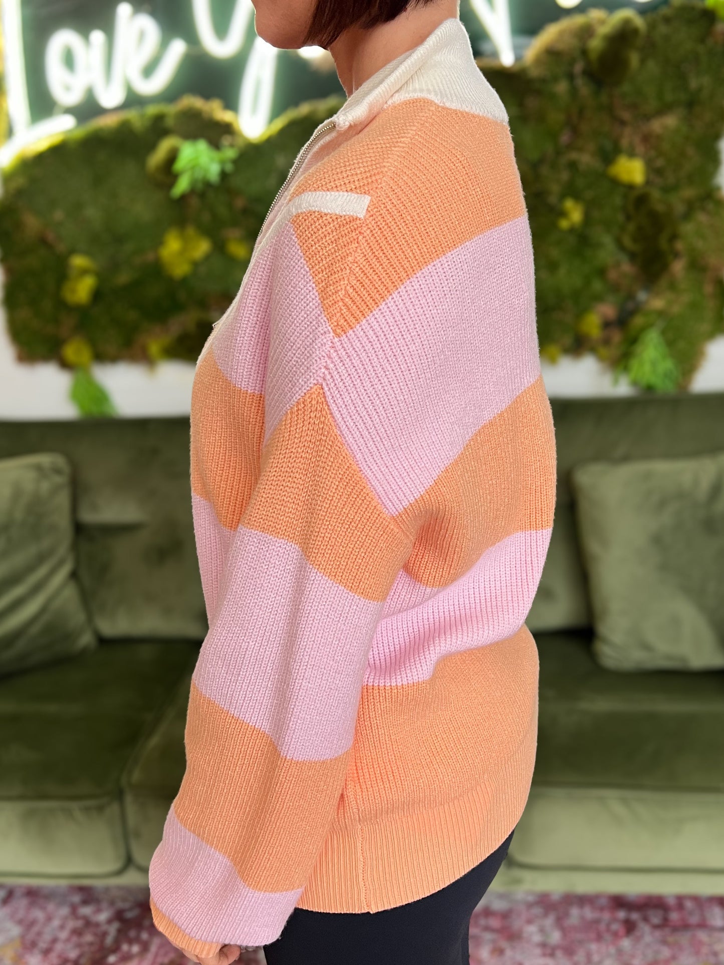 Orange/ Pink Stripe Half Zip Oversized Sweater