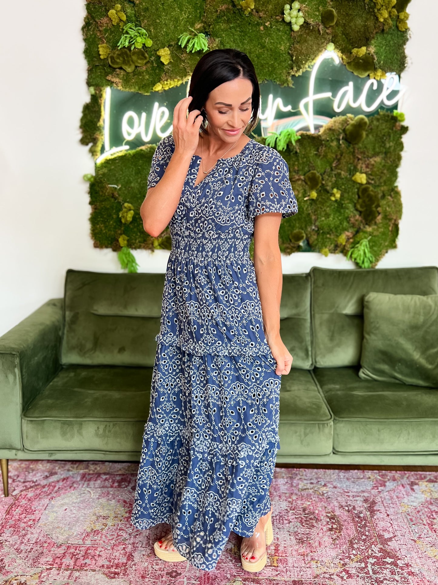 Navy Eyelet Poplin Tiered Maxi Dress