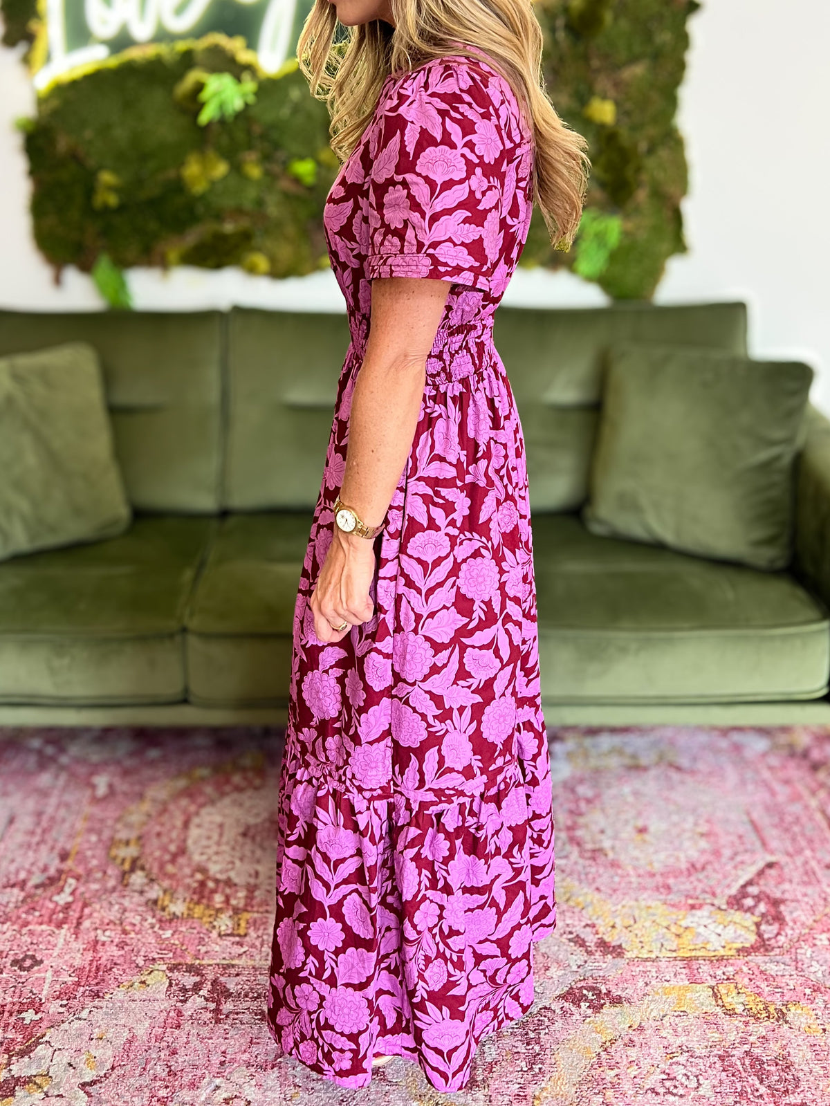 Burgundy/ Pink Floral Print Poplin Maxi Dress