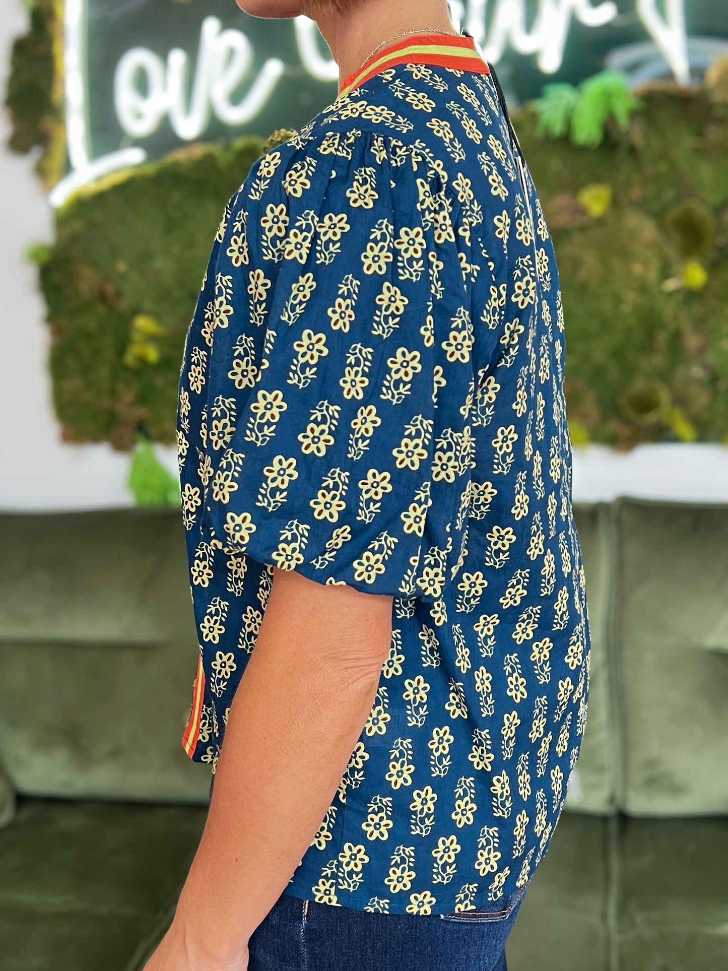 Navy Puff Sleeve Floral Detail Top