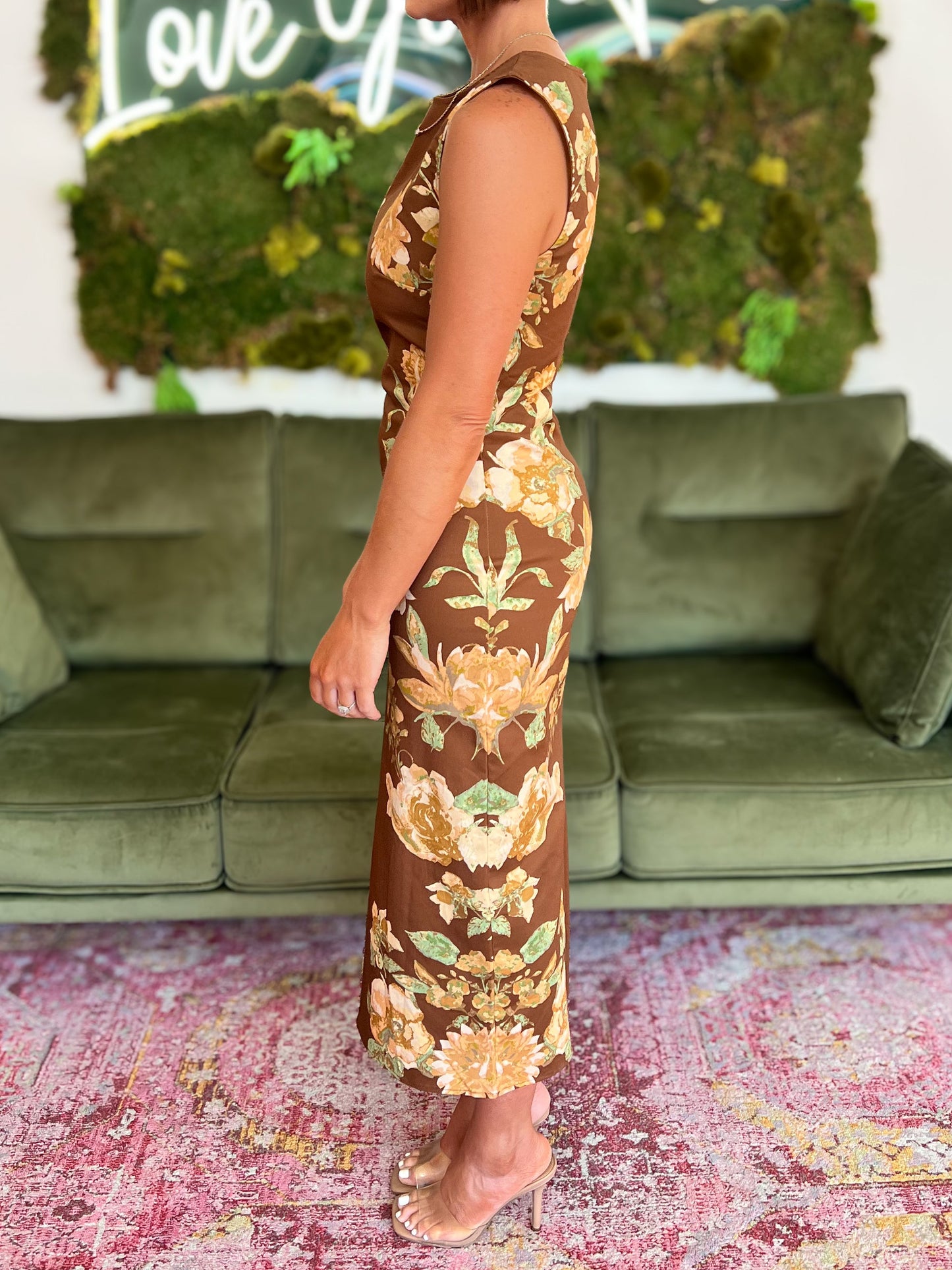 Brown Floral Midi Dress
