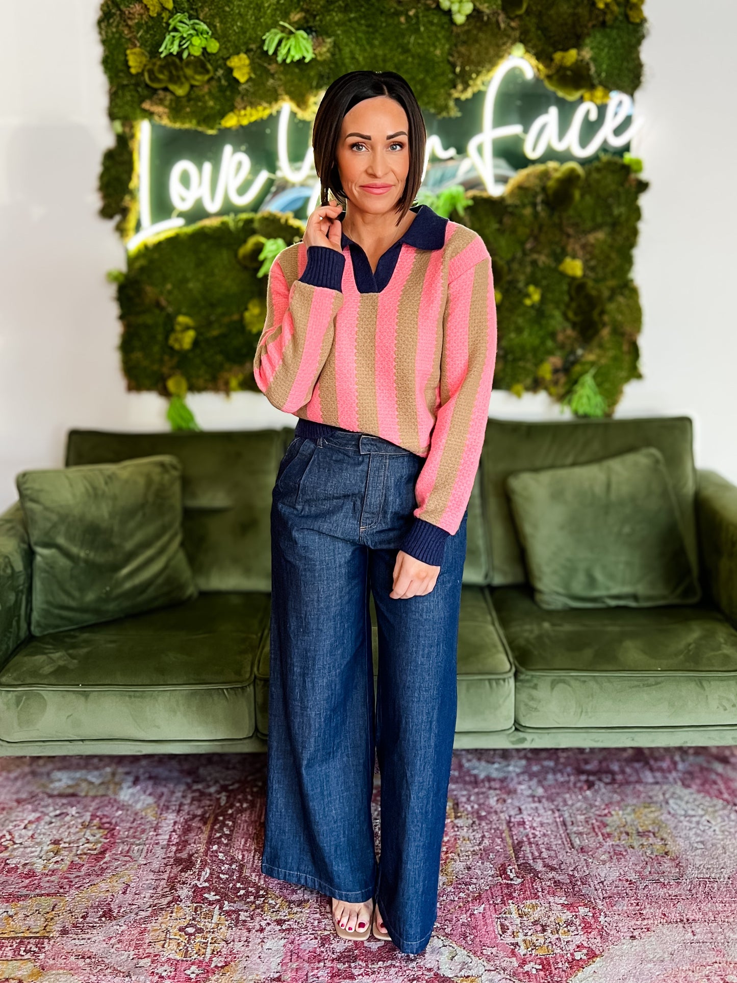 Navy/ Pink Striped Collared Sweater