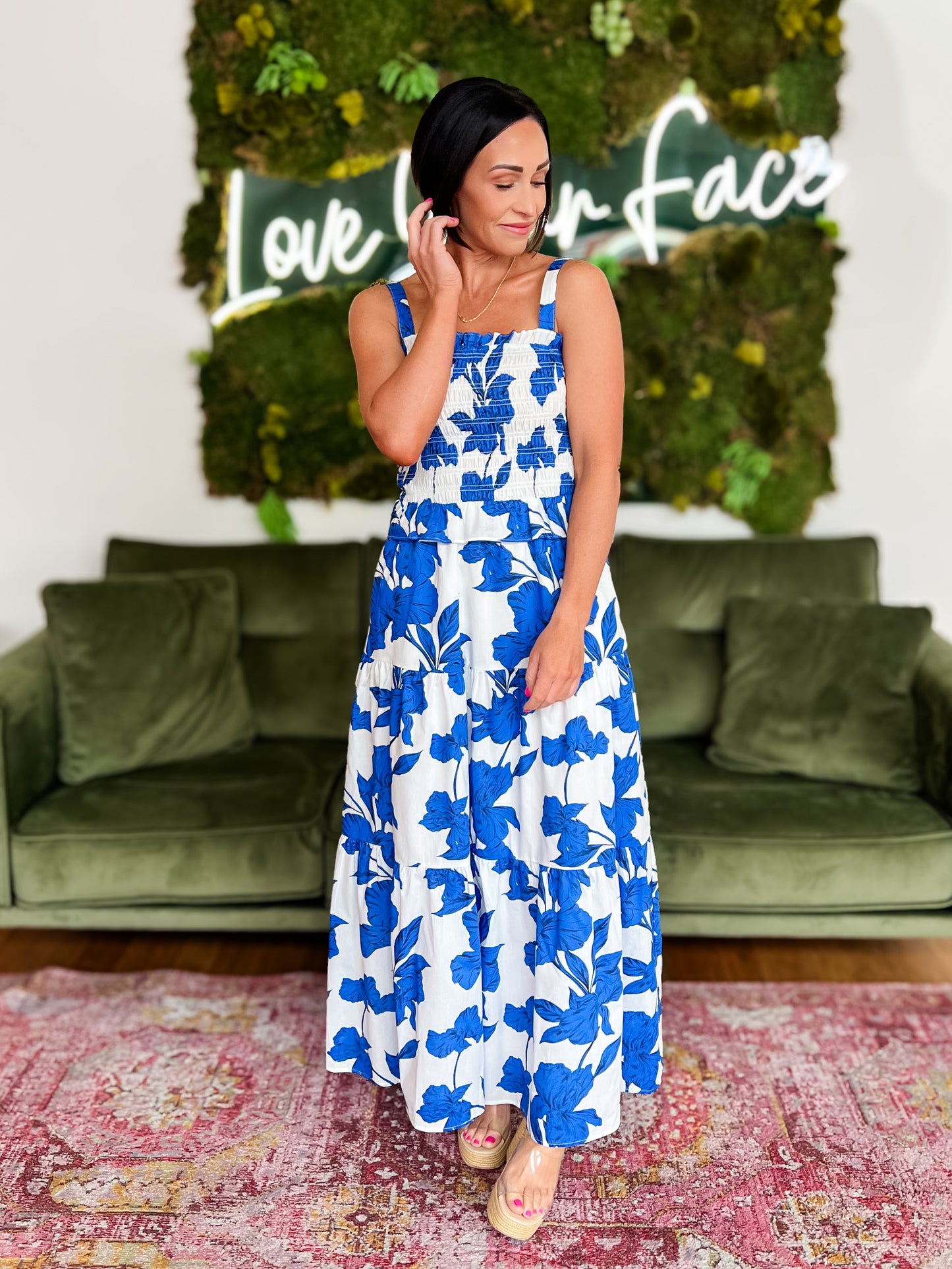 Blue/ White Floral Smocked Maxi Dress