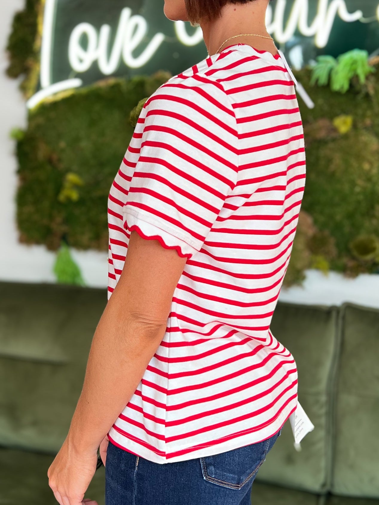 Red Striped Scalloped Trim Round Neck Tee