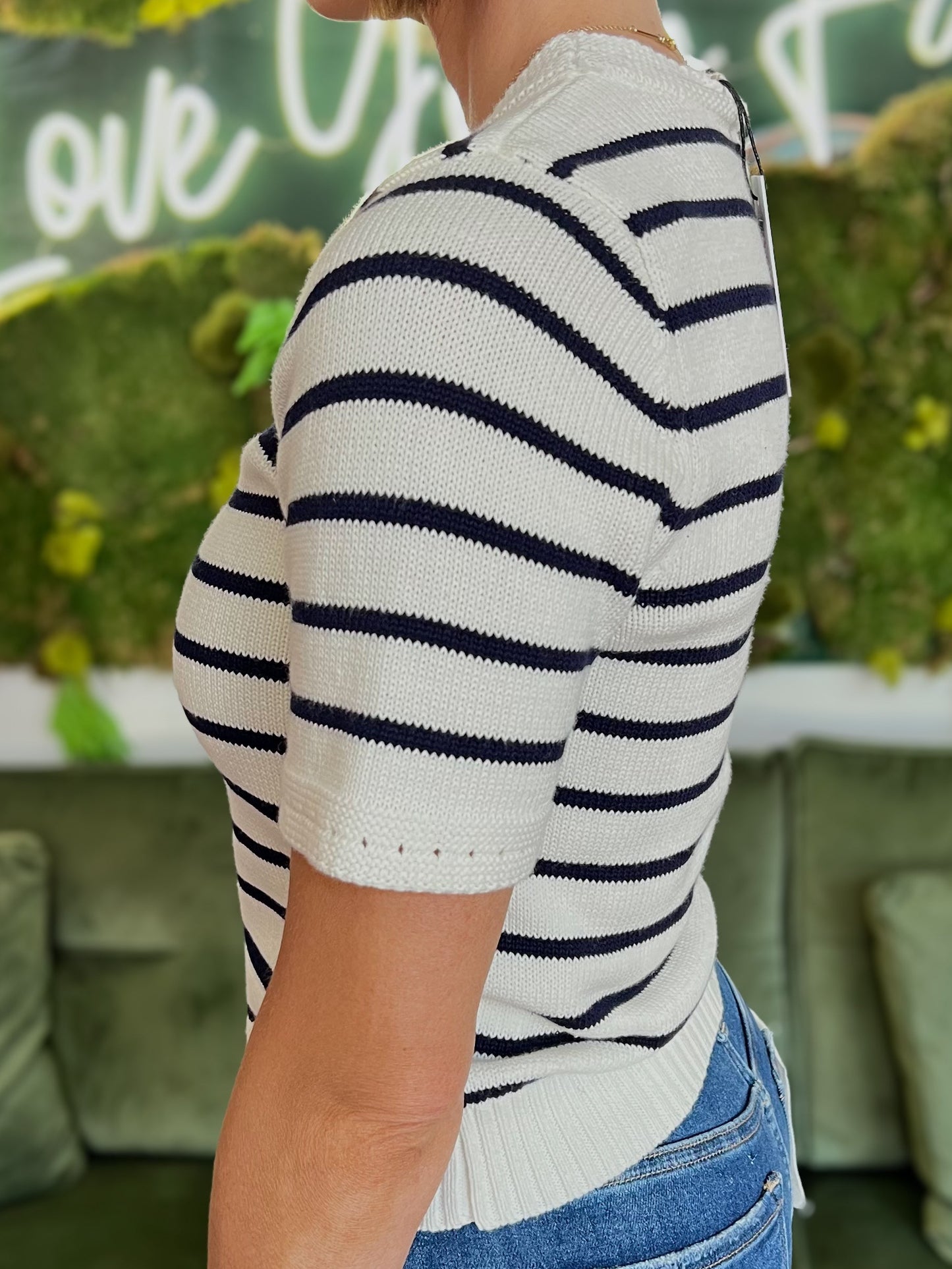 White/ Navy Striped Short Sleeve Sweater